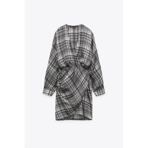 Zara Satin Effect Plaid Long Sleeve Mini Dress - Picture 1 of 9